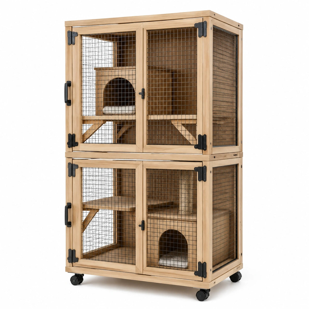 Jaula para gatos de pino con malla de acero galvanizado y ruedas