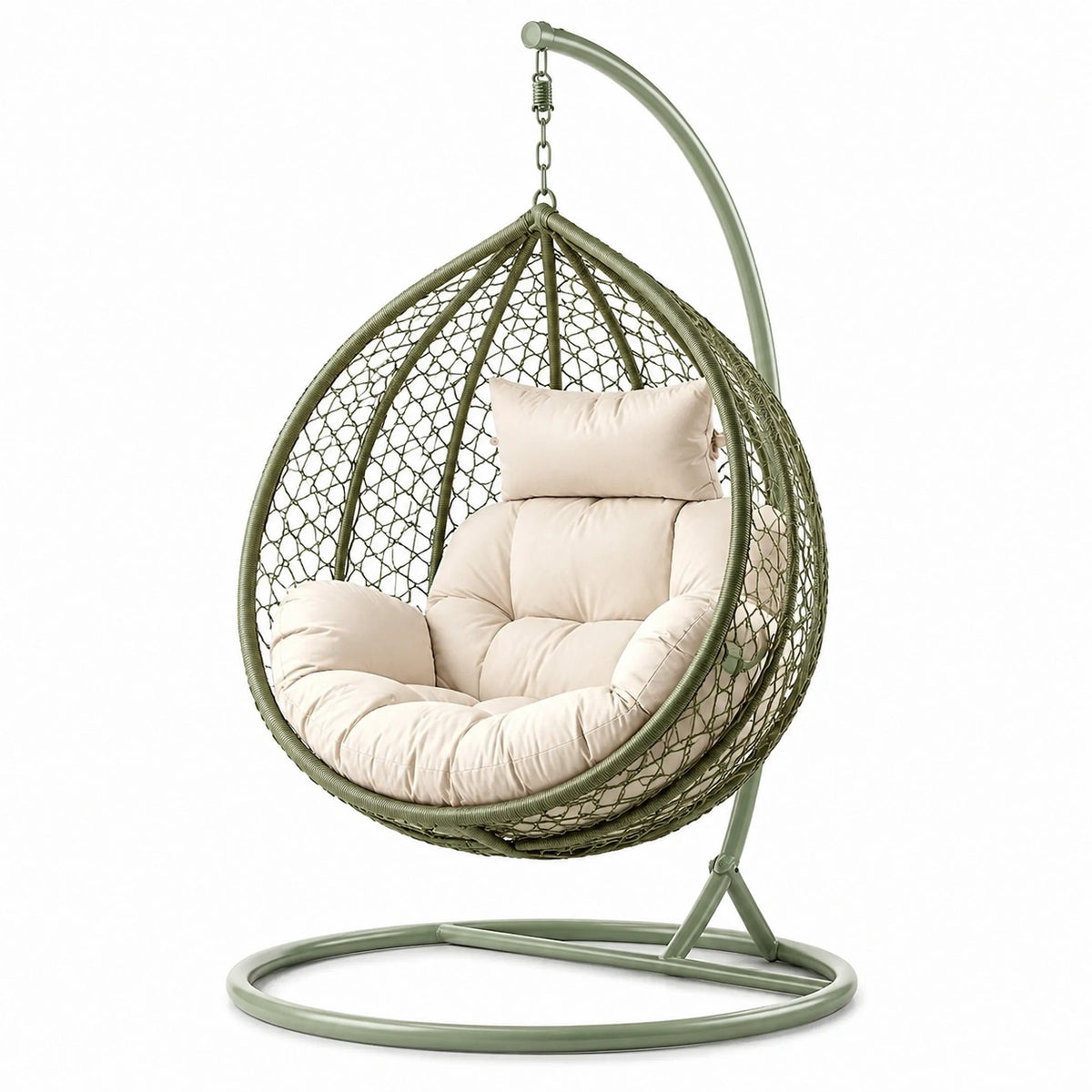 Sillón colgante con estructura de acero y cojines beige