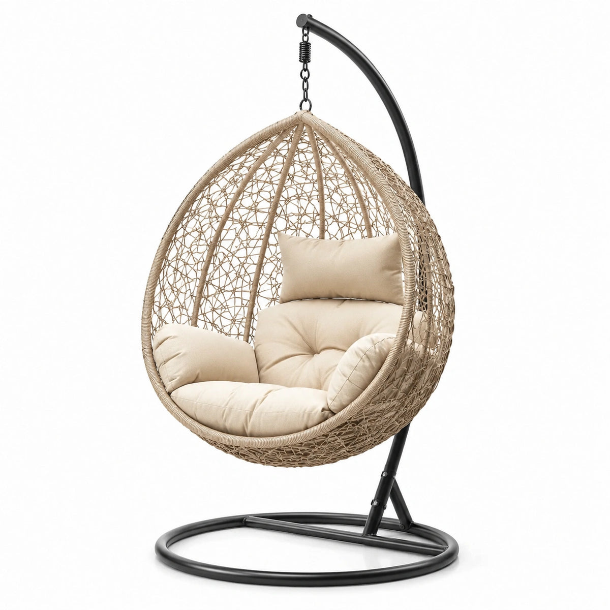 Sillón colgante de mimbre beige con estructura de acero y cojines de poliéster