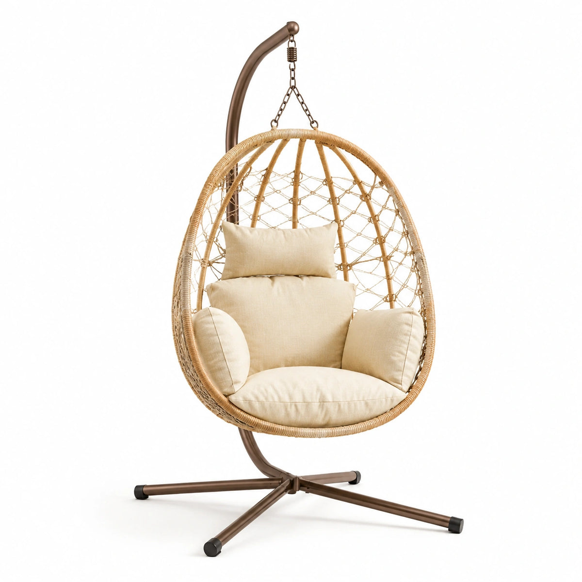 Sillón colgante de ratán sintético con cojines de poliéster beige
