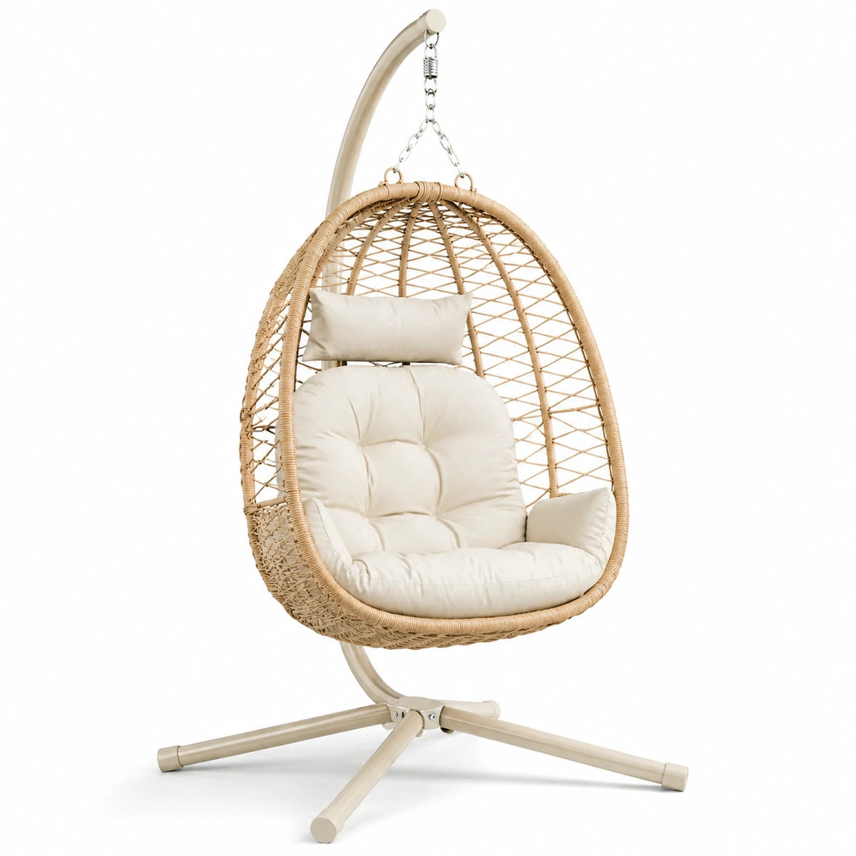 Silla colgante de ratán sintético con cojines beige y estructura metálica, 195x95x90 cm