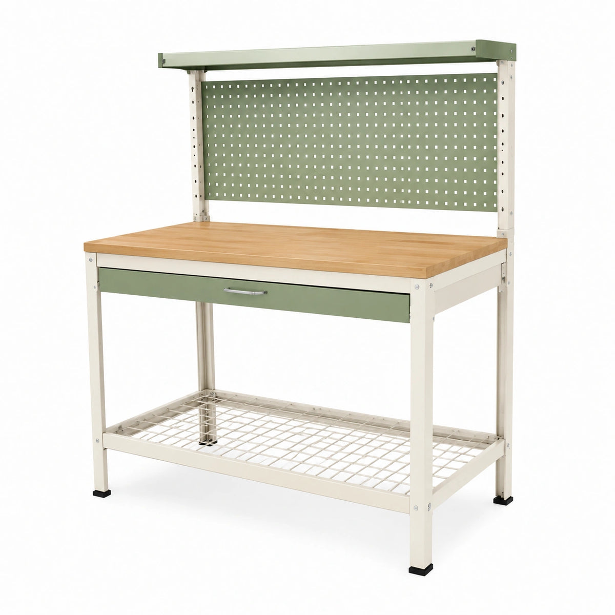 Banco de trabajo de acero y madera con estante verde