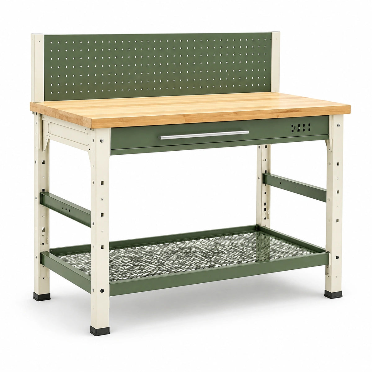 Banco de trabajo con tablero de madera y estructura metálica verde
