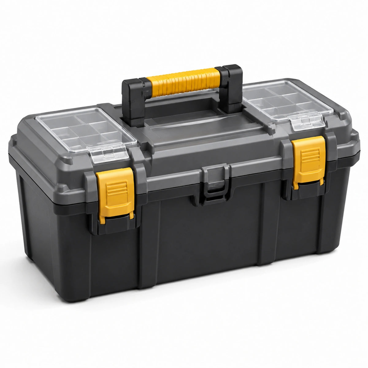 Caja de herramientas plástica con compartimentos, negro y amarillo, 45 cm