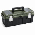 Caja de herramientas de plástico verde y negro con cierres metálicos