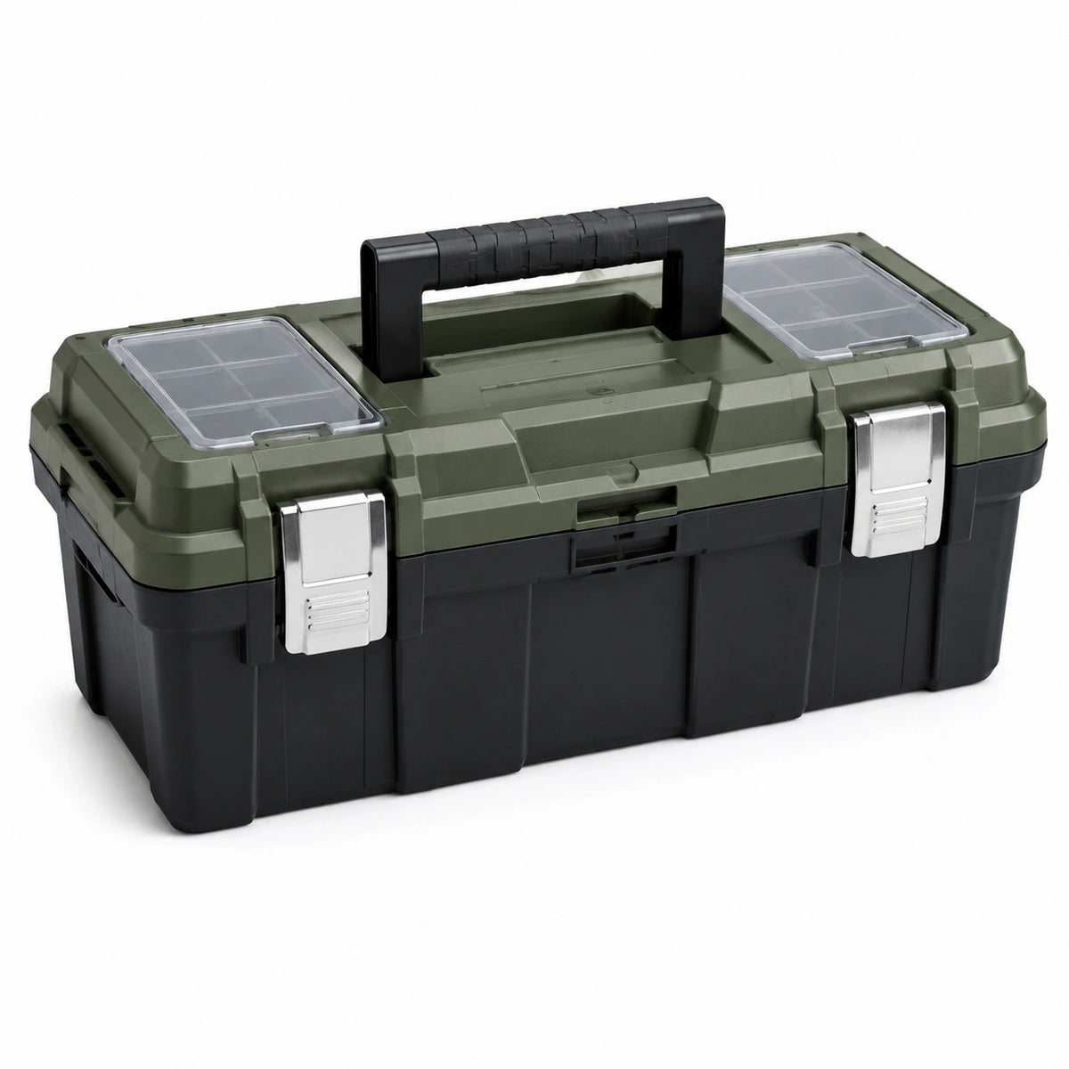 Caja de herramientas de plástico verde y negro con cierres metálicos
