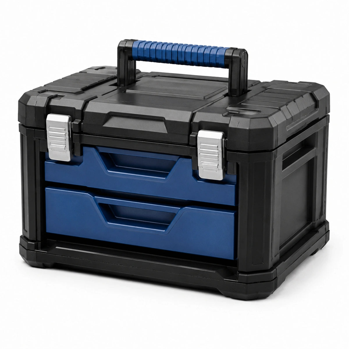 Caja de herramientas con cajones de plástico negro y azul, 45x30x25 cm