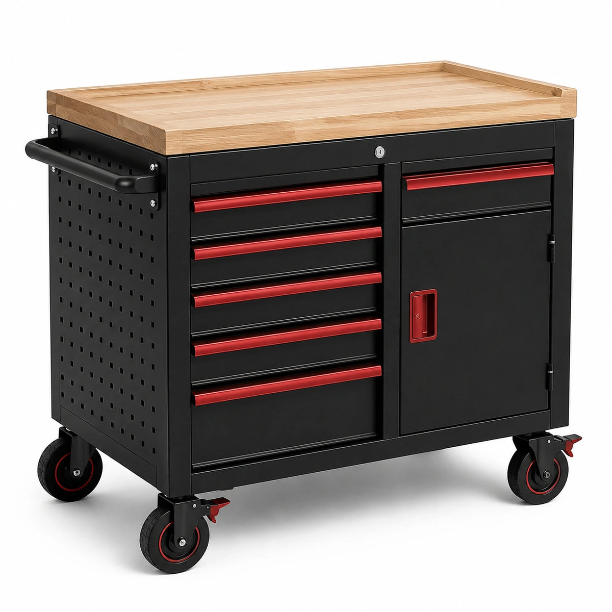 Carro de herramientas de metal con encimera de madera y 6 cajones negro/rojo