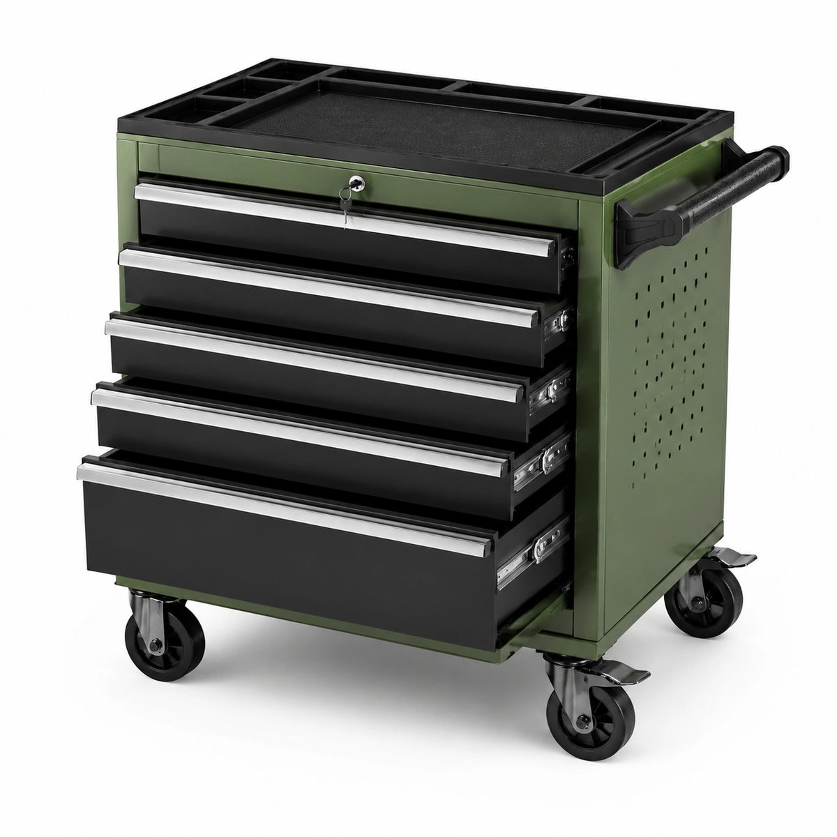 Carro de herramientas de acero con 5 cajones y ruedas verde y negro
