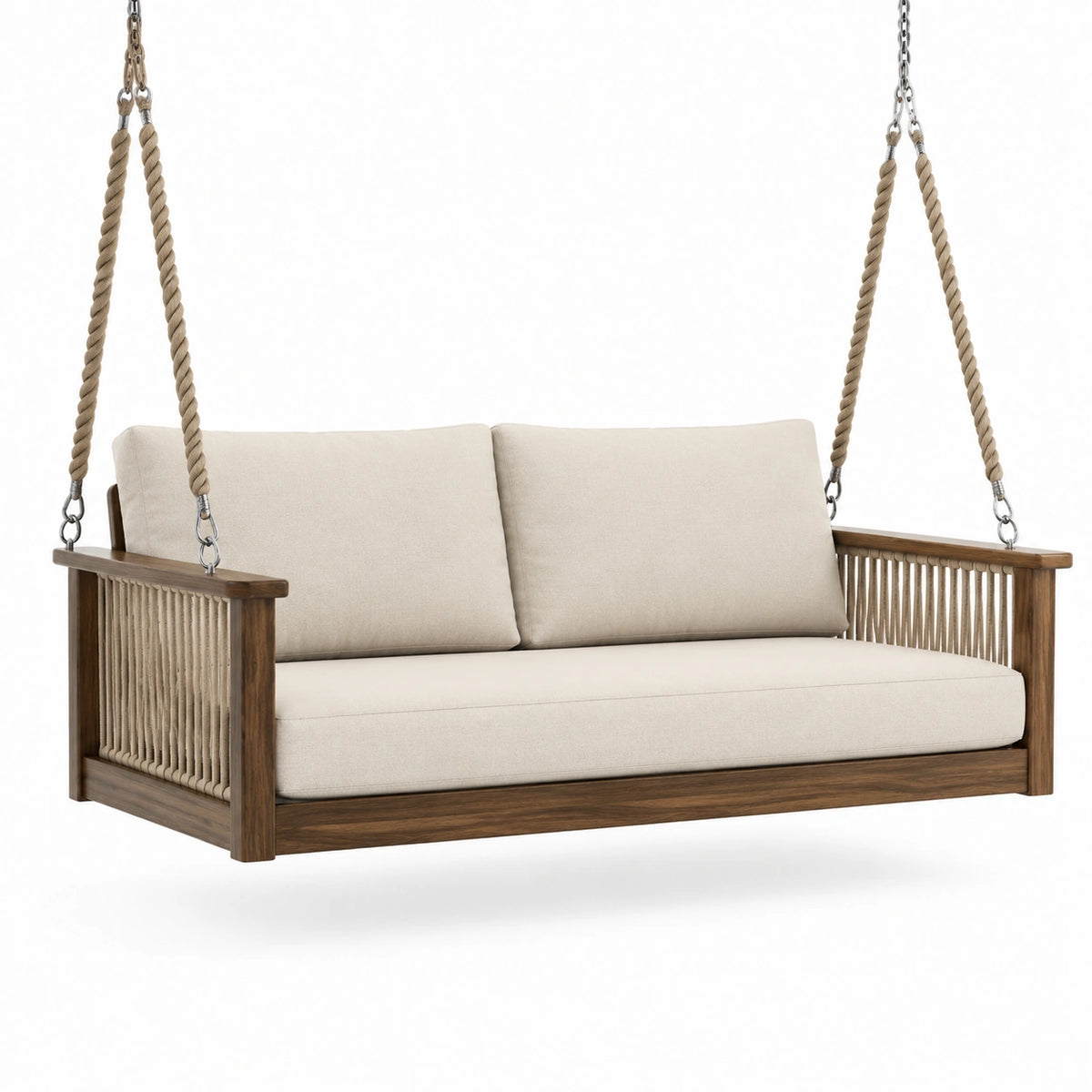 Columpio de madera y cuerda con cojines beige