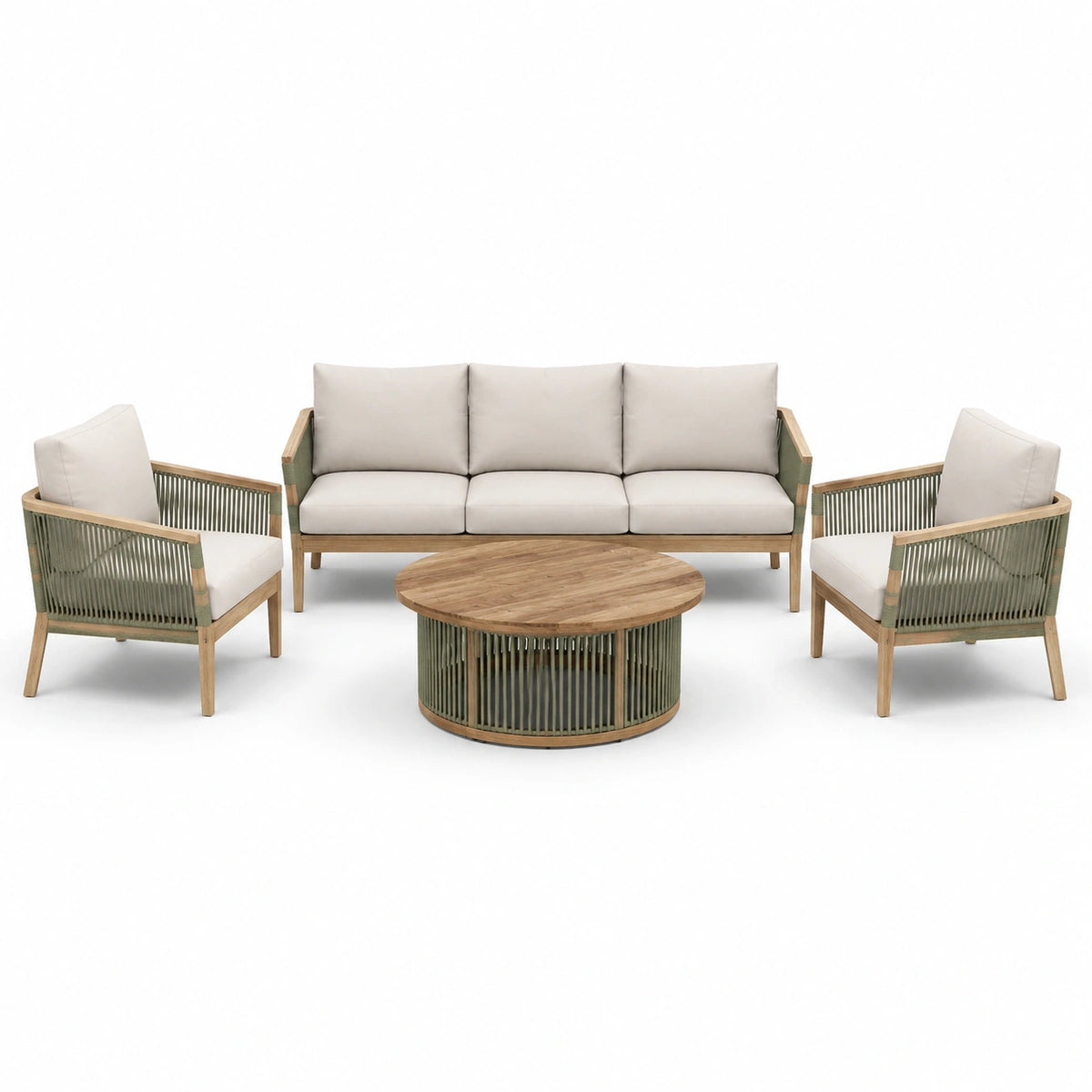 Conjunto de muebles de jardín de madera y cuerda con cojines beige