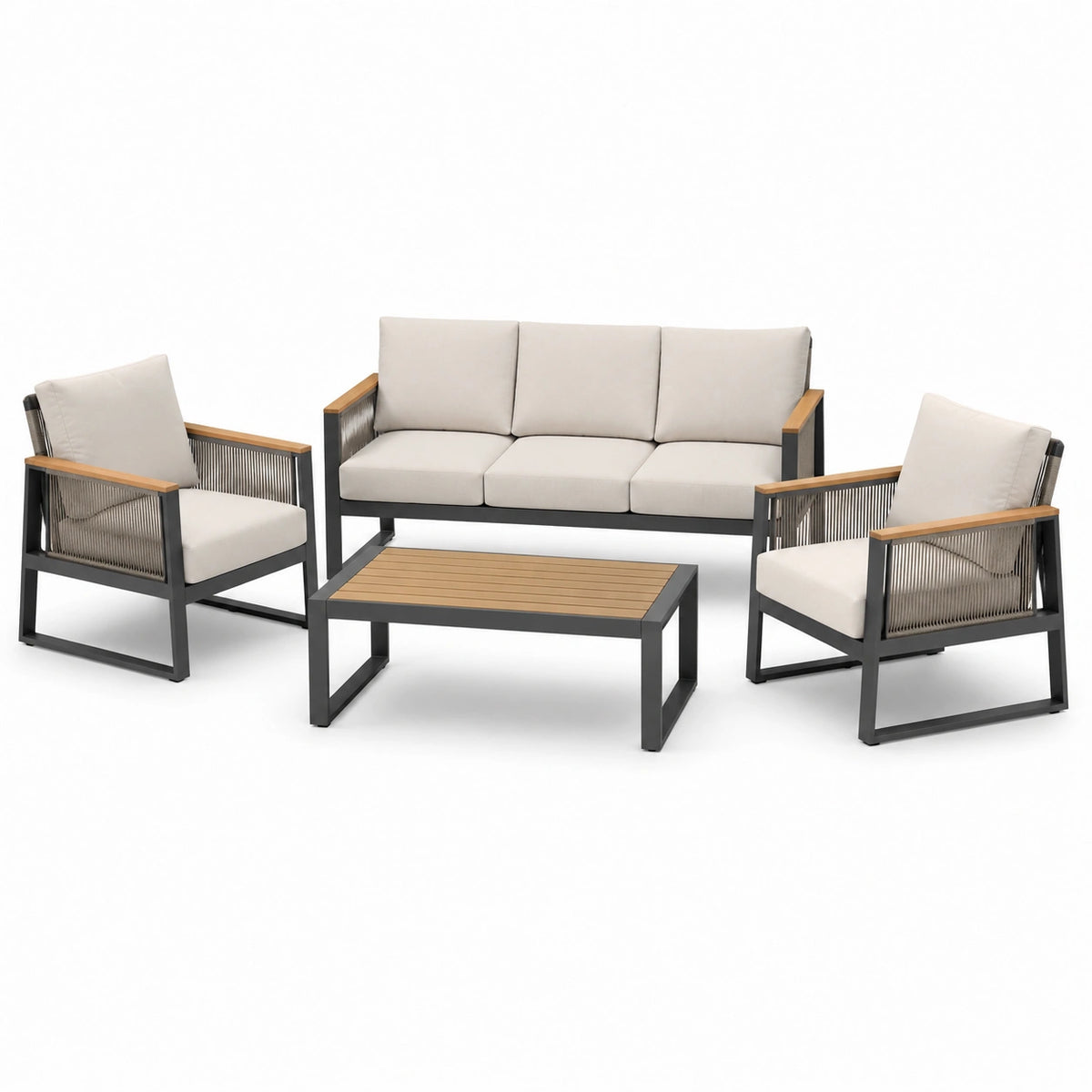 Conjunto de Jardín de Aluminio y Madera con Cojines Beige