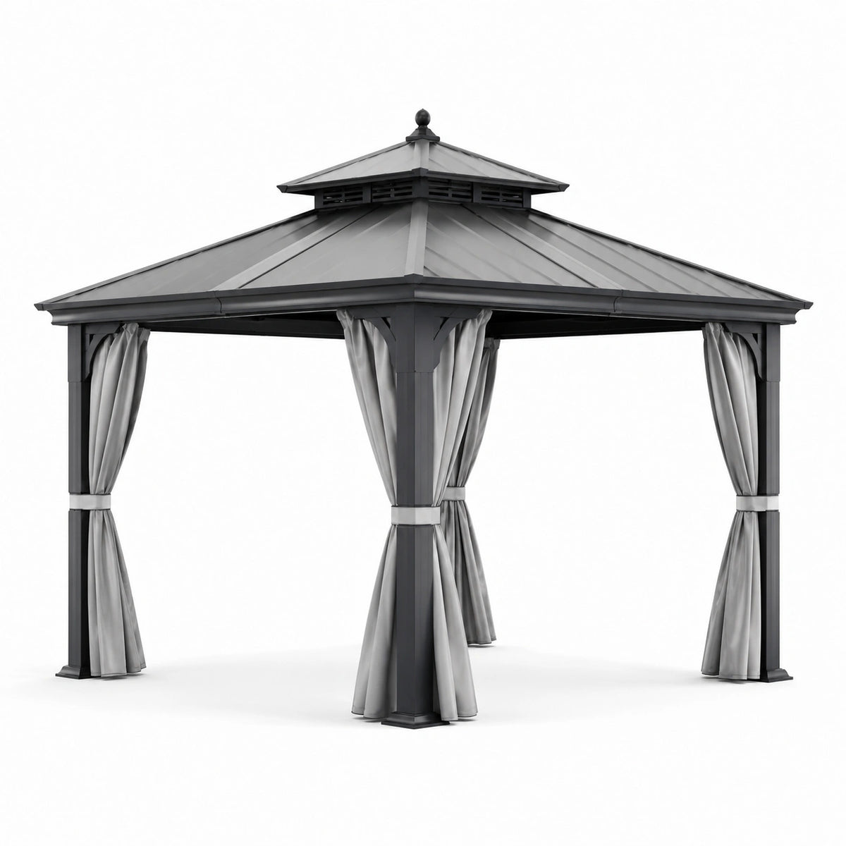 Pabellón de jardín de aluminio con cortinas de poliéster gris