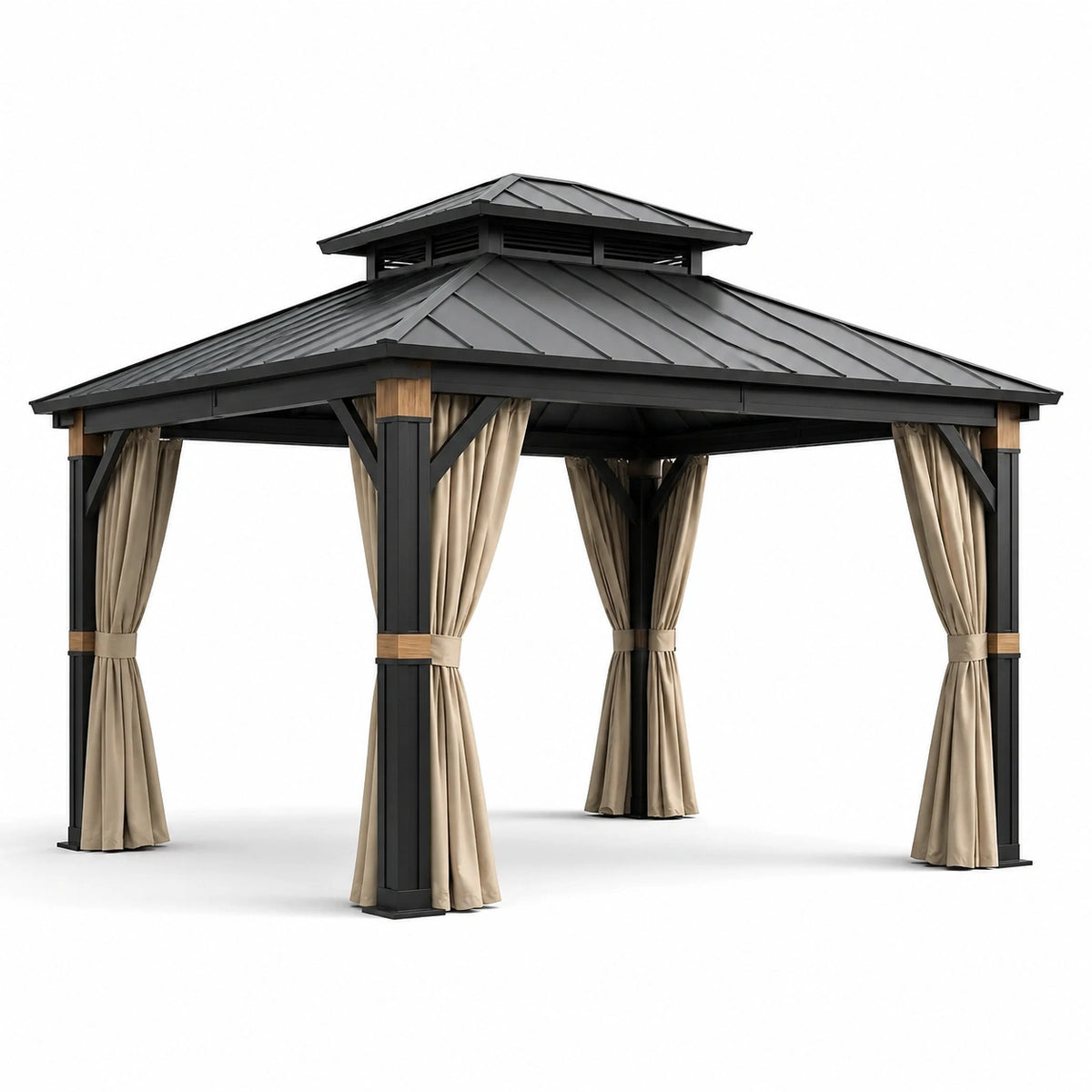 Gazebo de Aluminio y Acero con Cortinas de Poliéster Beige