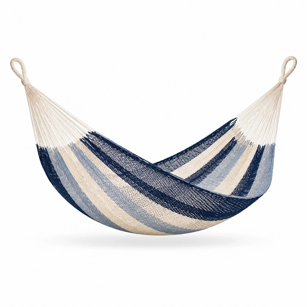 Hamaca colgante de algodón rayada azul y beige 200x150 cm
