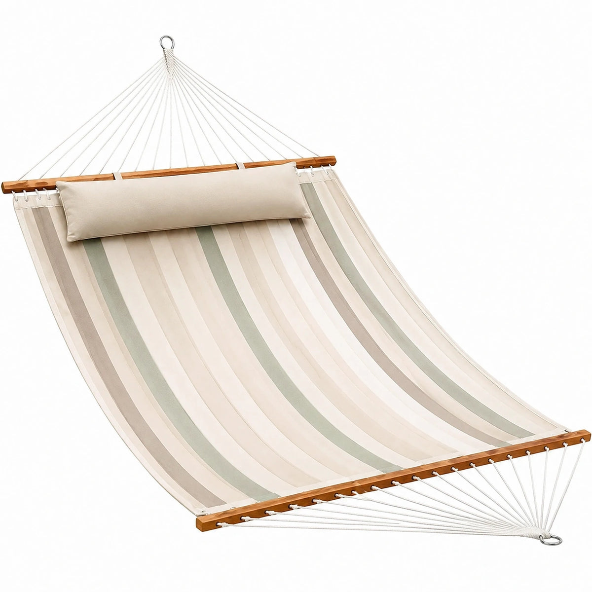 Hamaca de Algodón y Madera con Almohada Rayas Beige y Verde 200x150 cm
